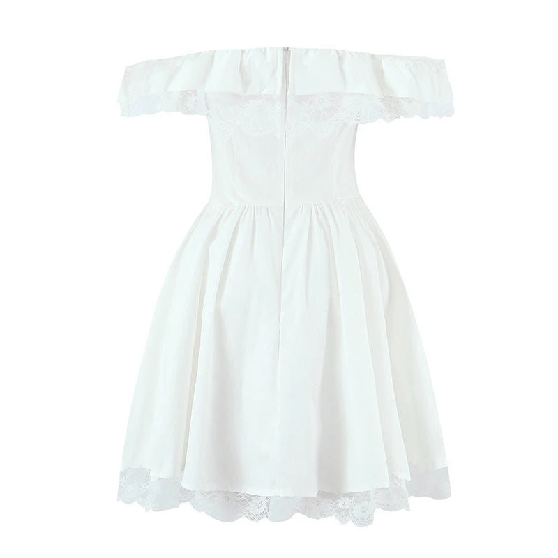 Evienne Off-Shoulder Corset Mini Dress – White Ruffle Bow Summer Dress for Garden Parties and Holiday Looks