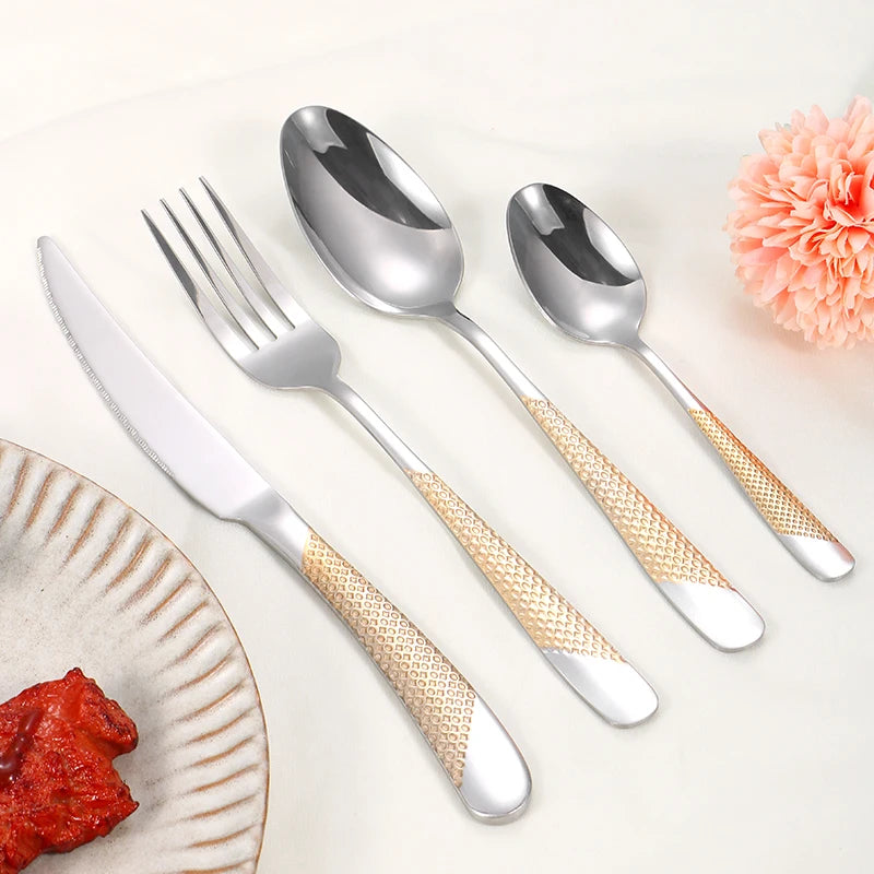 24-Piece Stainless Steel Cutlery Set with Stand – Gold & Silver Knife, Fork, Spoon Flatware Set for Dining