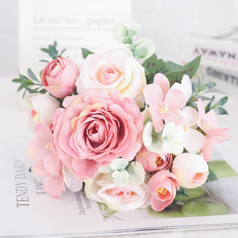 Blush Rose & Hydrangea Flower Bouquet – Pink Faux Floral Centrepiece for Home Decor