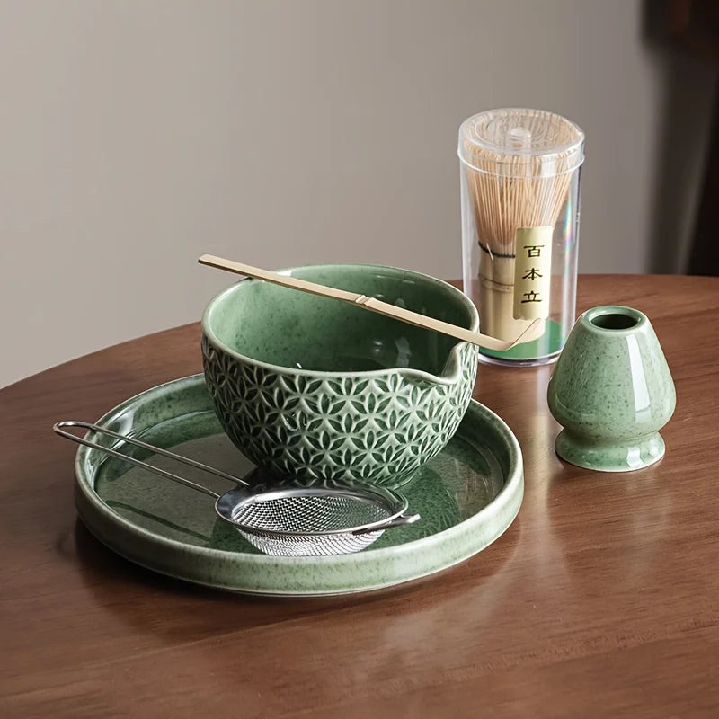 Green Matcha Tea Set with Ceramic Whisk Bowl & Accessories – 2/5/6 Piece Traditional Japanese Style Matcha Making Kit