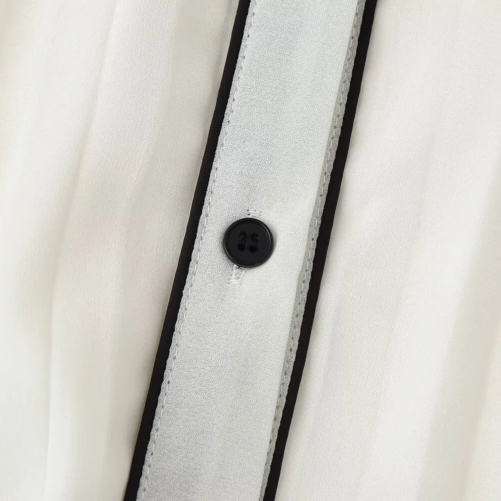 Renelle Pleated Long Sleeve Shirt Dress – White Belted Midi Dress with Black Contrast Trim