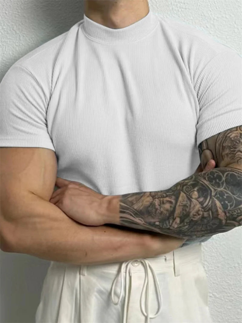 Men’s Slim Fit High Neck T-Shirt – Short Sleeve Tee