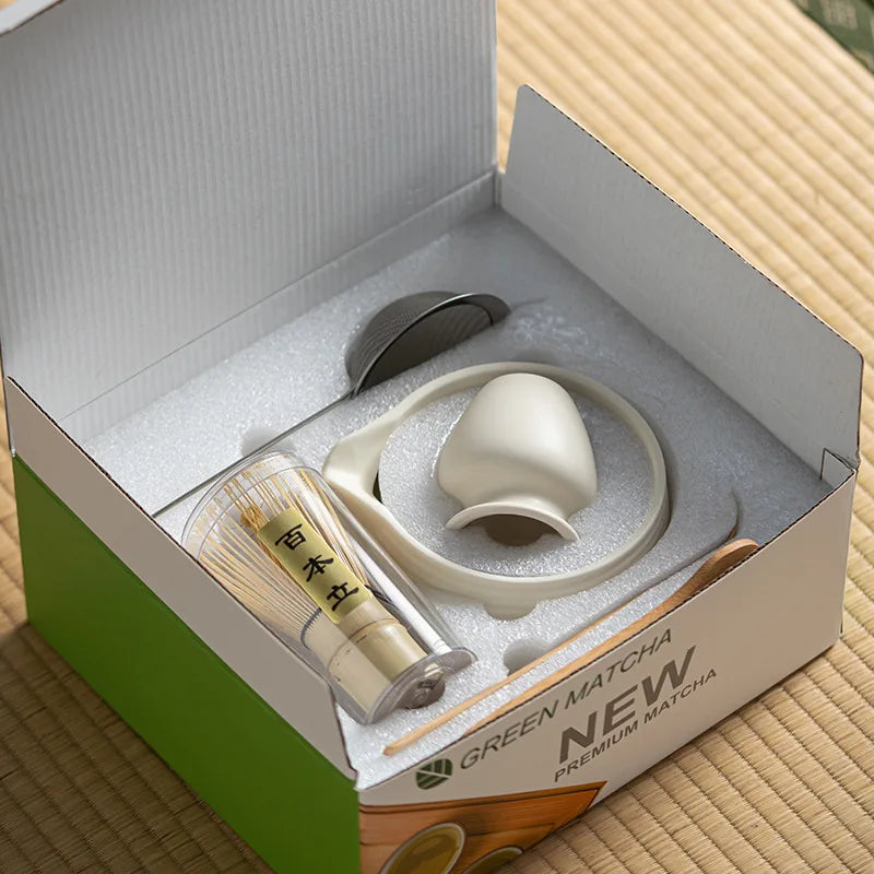 Premium Matcha Tea Set – 4 Piece Starter Kit with Bamboo Whisk, Ceramic Bowl, Scoop & Holder