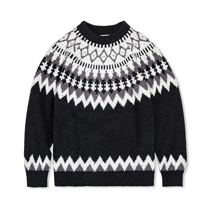 Albric Fair Isle Knit Jumper – Men’s Heavyweight Round Neck Christmas Jumper with Nordic Pattern in Black and White
