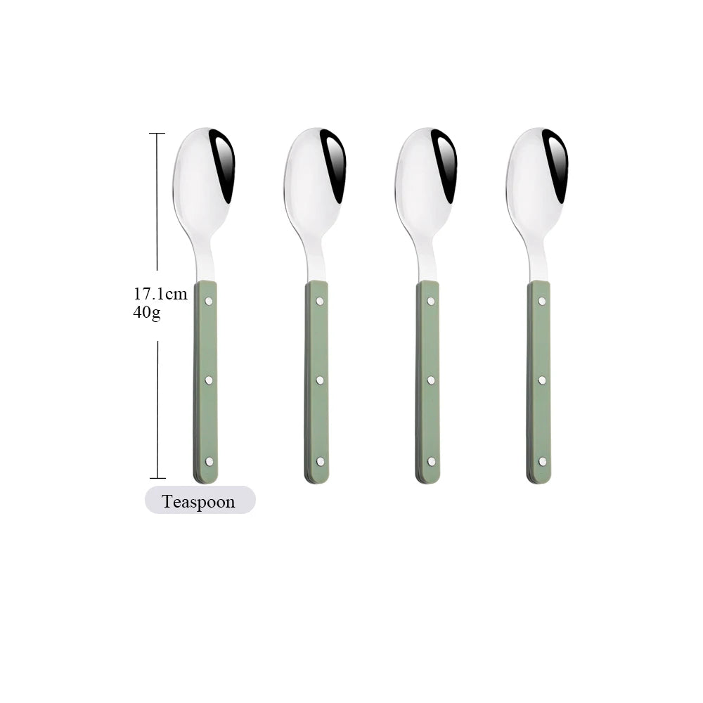 Green/ White Handle Stainless Steel Cutlery Set – 16-Piece Flatware with Forks, Knives & Spoons for Everyday Dining