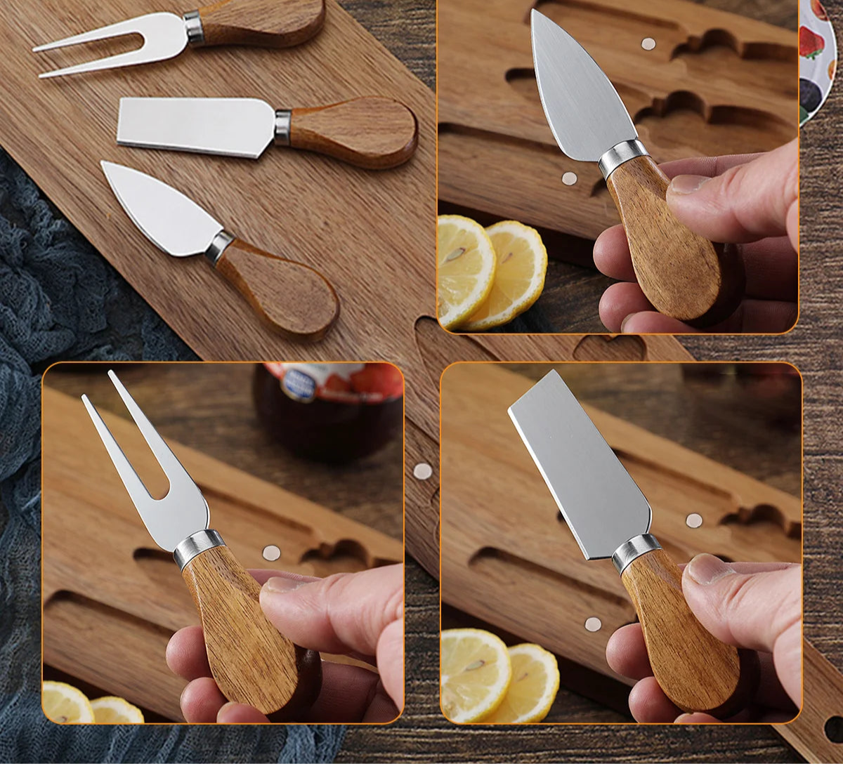 Acacia Cheese Board with 3-Piece Knife Set – Wooden Charcuterie Serving Tray with Stainless Steel Cutlery