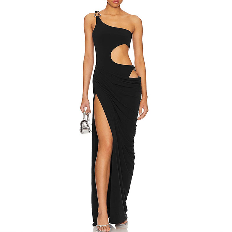 Nyrah Cut-Out Draped Maxi Dress with One Shoulder Strap – Black or Blue Sculpting Bodycon Party and Holiday Club Dress