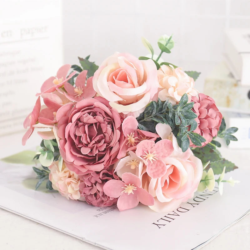 Blush Rose & Hydrangea Flower Bouquet – Pink Faux Floral Centrepiece for Home Decor