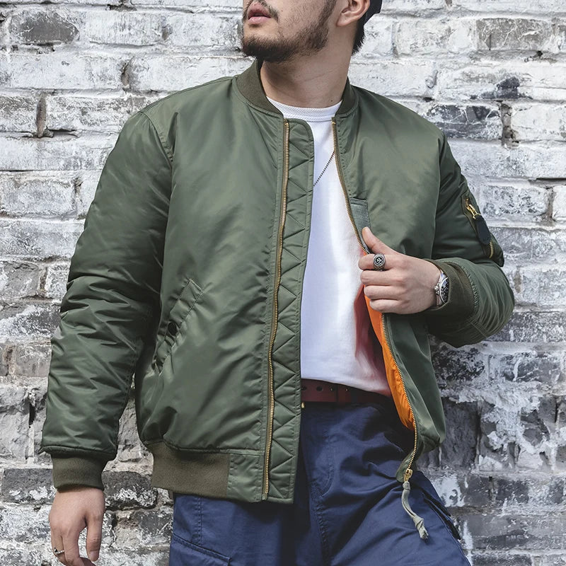Classic Bomber Jacket – Utility Flight Jacket with Zipper And Orange Lining
