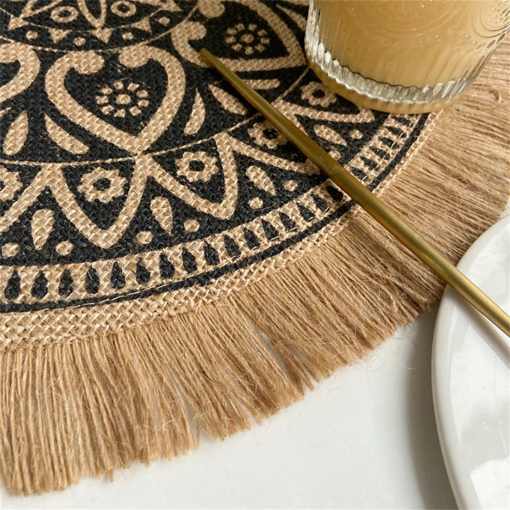 Boho Jute Round Placemats with Tassels – 38cm Natural Woven Table Mats for Rustic Dining & Home Decor