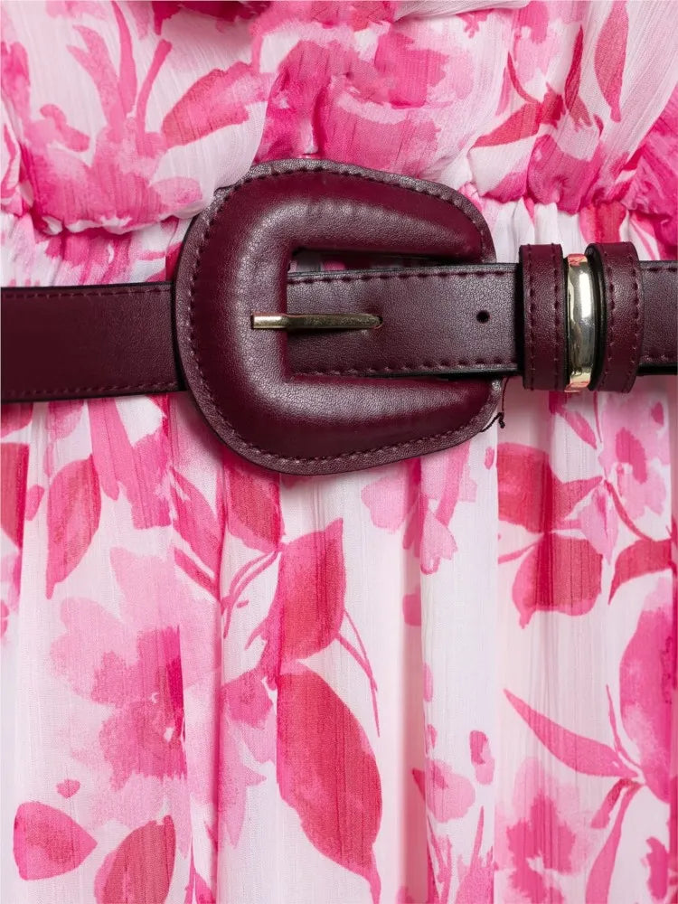 Sarella Ruffle Belted Midi Dress – Pink Floral V-Neck Long Sleeve Occasion Dress