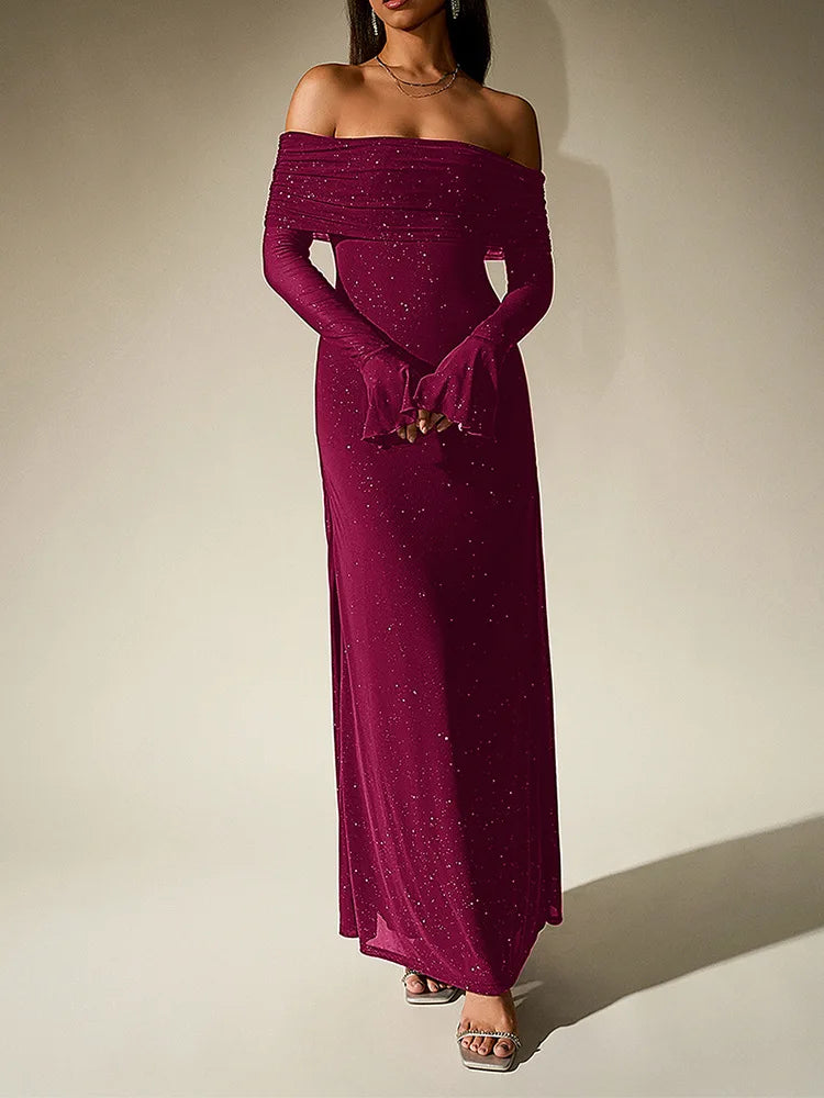 Aurevielle Off Shoulder Glitter Mesh Maxi Dress – Long Sleeve Bodycon –  Giftology London