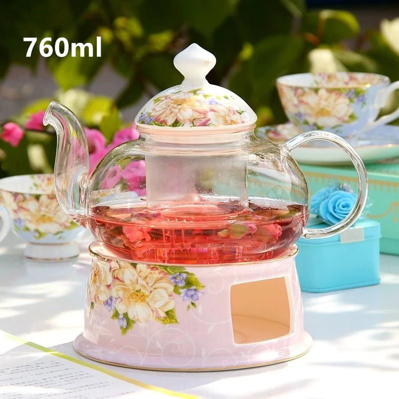 Floral English Tea Set with Glass Teapot & Porcelain Cups – Vintage Afternoon Tea Gift Set
