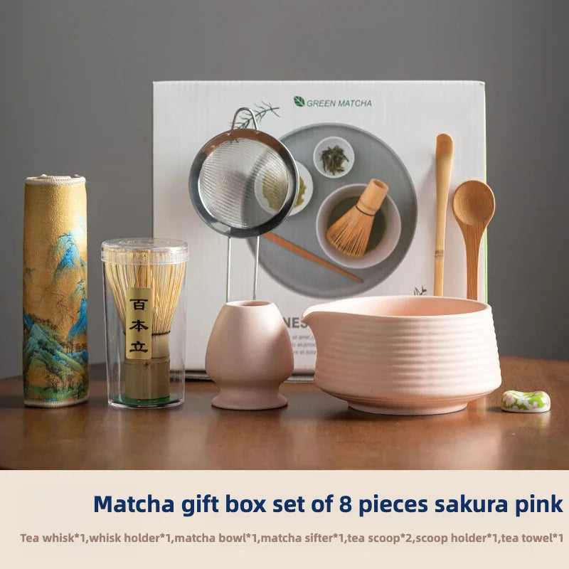8-Piece Matcha Tea Ceremony Gift Set – Traditional Bamboo Whisk, Sifter, Bowl & Accessories in Elegant White or Sakura Pink