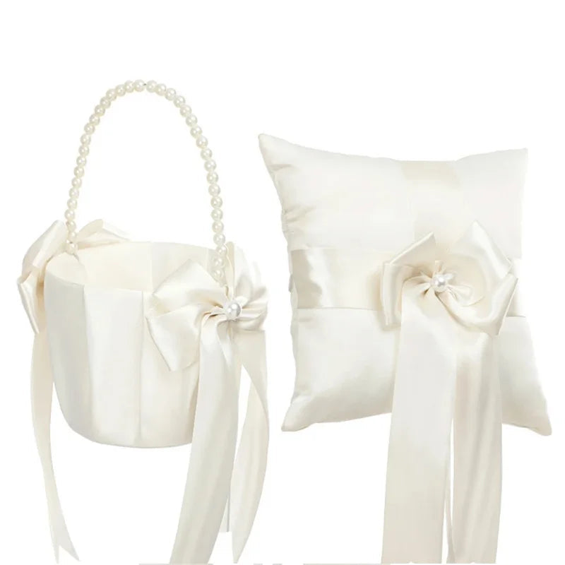 Ivory Satin Flower Girl Basket & Ring Cushion Set – Wedding Ceremony Accessories with Pearl Handle & Bow Detail