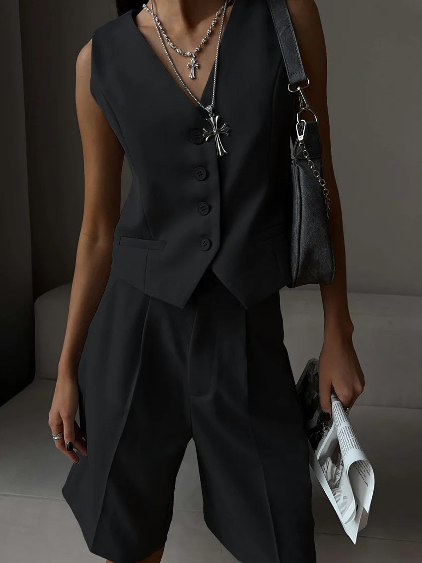 Averna Sleeveless Waistcoat and Bermuda Short Co-Ord Set – White, Charcoal Grey or Black Tailored Two-Piece for Women
