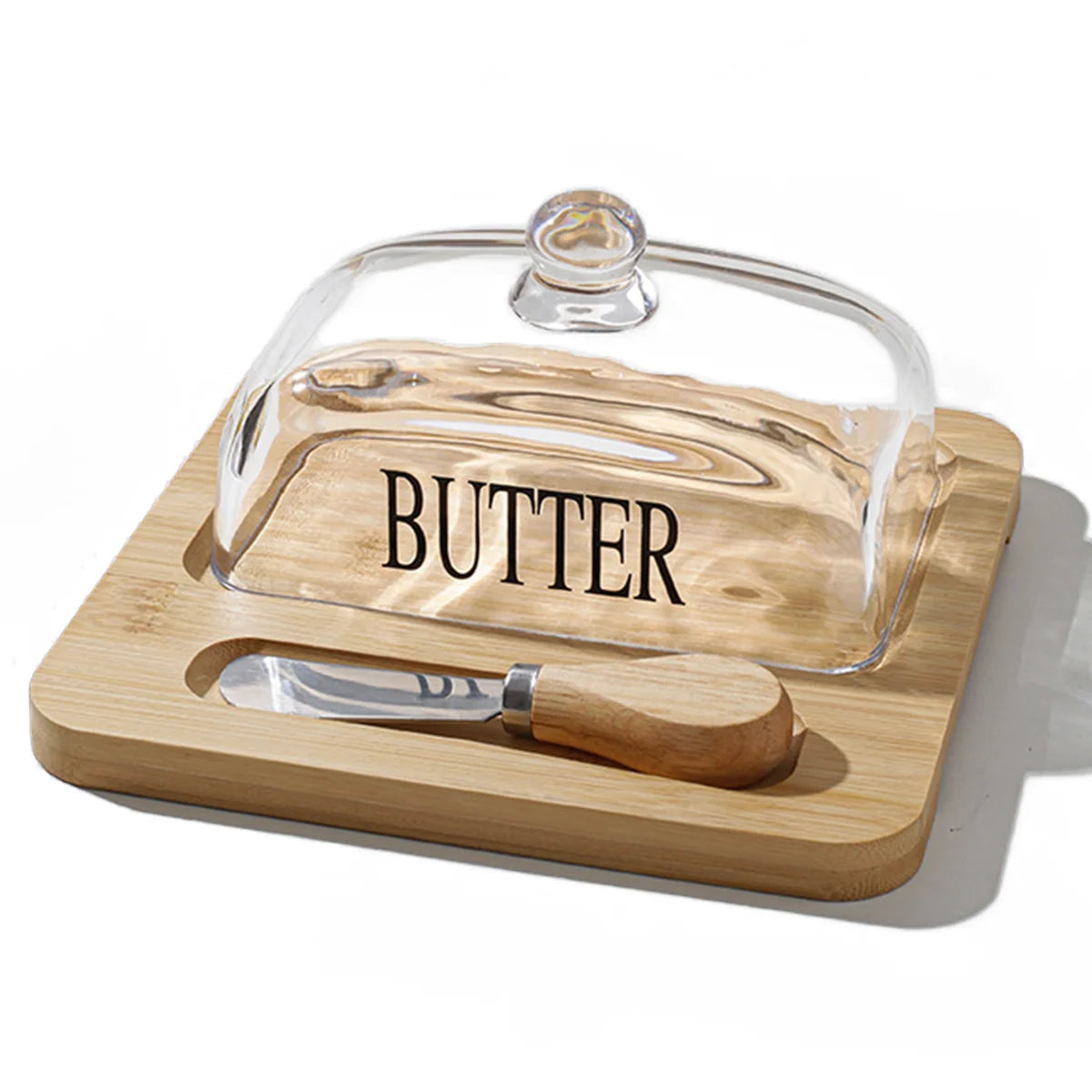 Bamboo Butter Dish with Glass Lid & Knife – Wooden Butter Container with Cutter and Storage Tray
