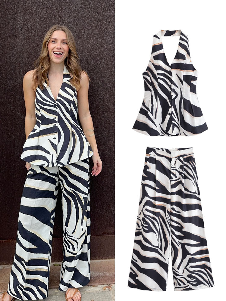 Zaraya Zebra Print Halter Waistcoat & Wide Leg Trousers Co-Ord – Bold Monochrome Two Piece Outfit for Summer and Holiday