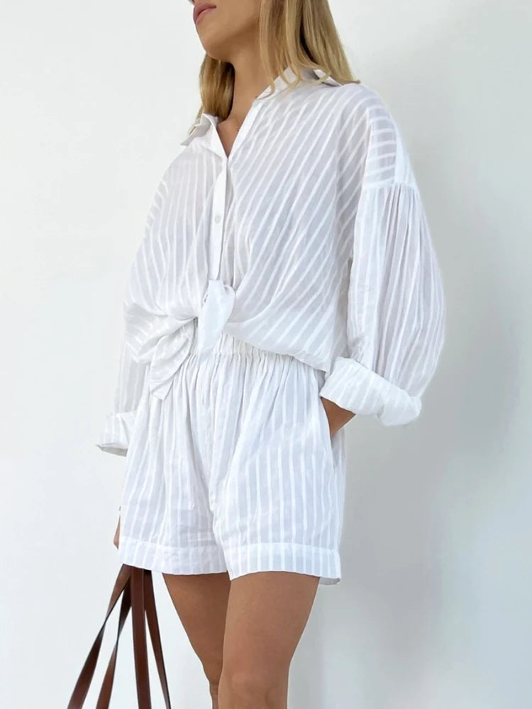 Aven White Cotton Stripe Shirt & Shorts Set – Lightweight Co-Ord Summer Outfit for Women