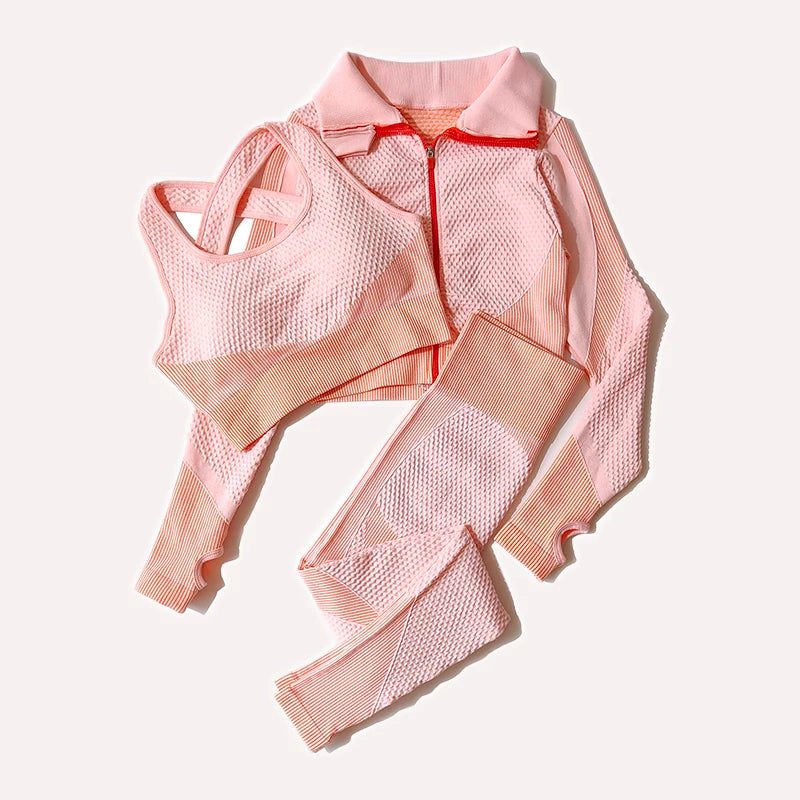 Seamless Women’s Gym Set – 2-Piece & 3-Piece Activewear with Long Sleeve Zip Jacket, Vest Top & High Waist Leggings