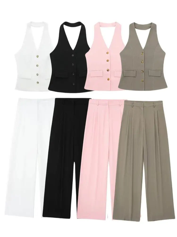 Rivana Tailored Waistcoat and Wide Leg Trouser Two Piece Set – White, Pink, Taupe and Black Sleeveless Suit Co-ord for Women