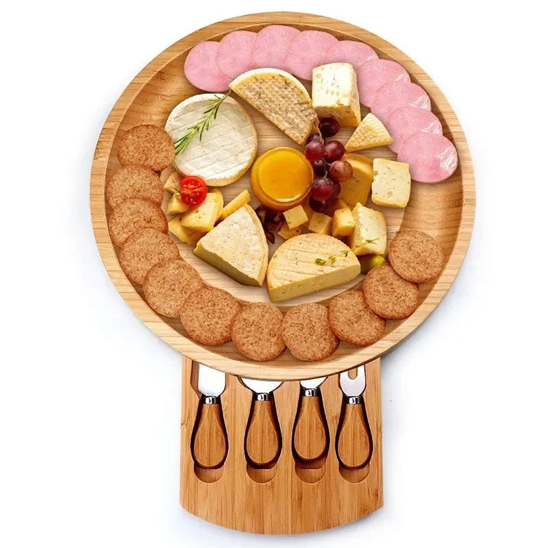 Round Bamboo Cheese Board with Drawer and Cheese Knives – Charcuterie Serving Platter