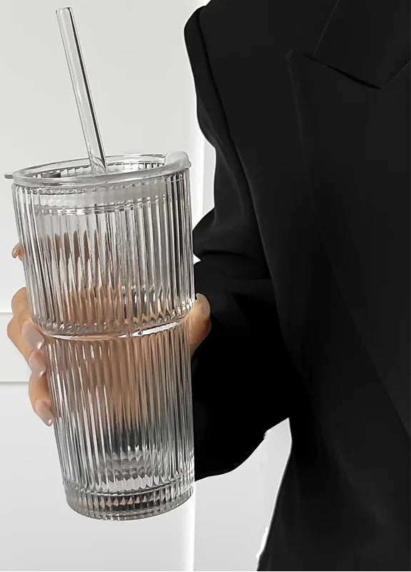 Ribbed Glass Tumbler with Straw & Lid – Large Iced Coffee Cup or for Cold Drinks