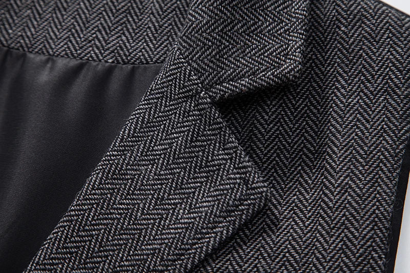 Men’s Tweed Waistcoat with Lapel and Chain – Herringbone Formal Vest in Grey, Brown, Blue
