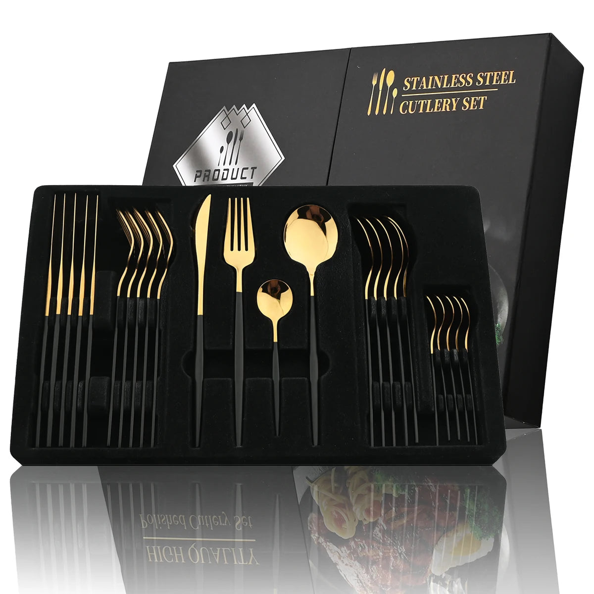 24-Piece Stainless Steel Cutlery Set – Luxury Knife, Fork, Spoon & Teaspoon Flatware Set with Gift Box – Black, Gold, Silver & Mixed Colours
