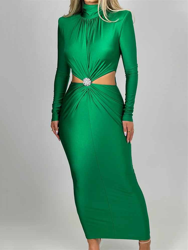 Serena Embellished Cut-Out Turtleneck Bodycon Midi Dress