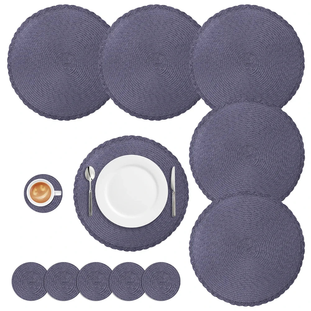 Woven Round Placemats and Coasters Set – 6-Piece Dining Table Mats