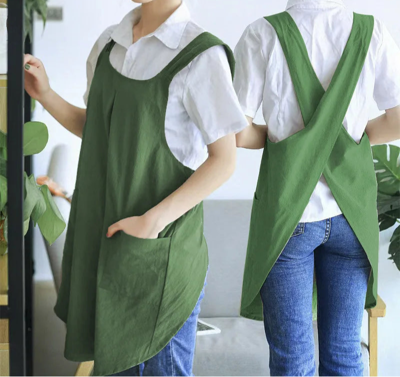 Cross Back Apron for Women – Japanese Style Pinafore Apron with Pockets for Cooking, Gardening & Crafts
