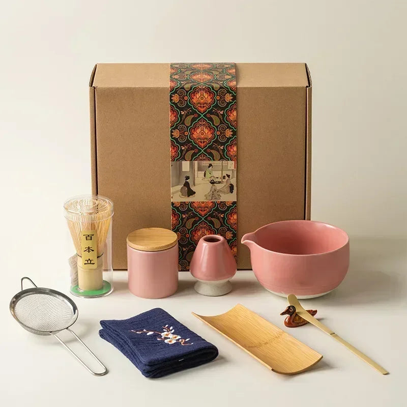Traditional Japanese Matcha Set – 9 Piece Tea Ceremony Gift Box with Bowl, Whisk & Accessories (Pink, Green, White)