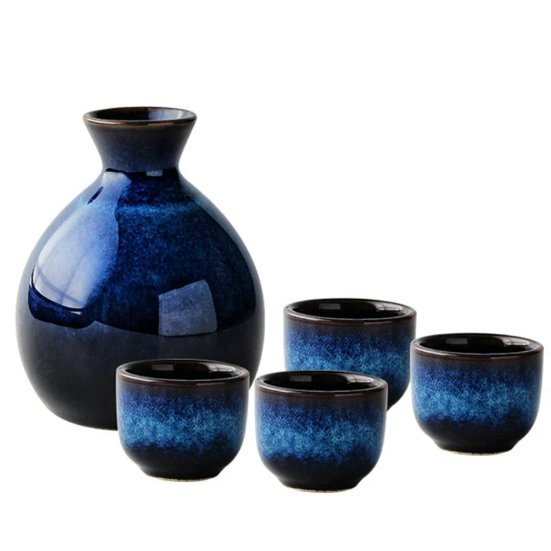 Midnight Azure Sake Set – 5-Piece Japanese Ceramic Carafe & Cup Set for Home Bar & Gift