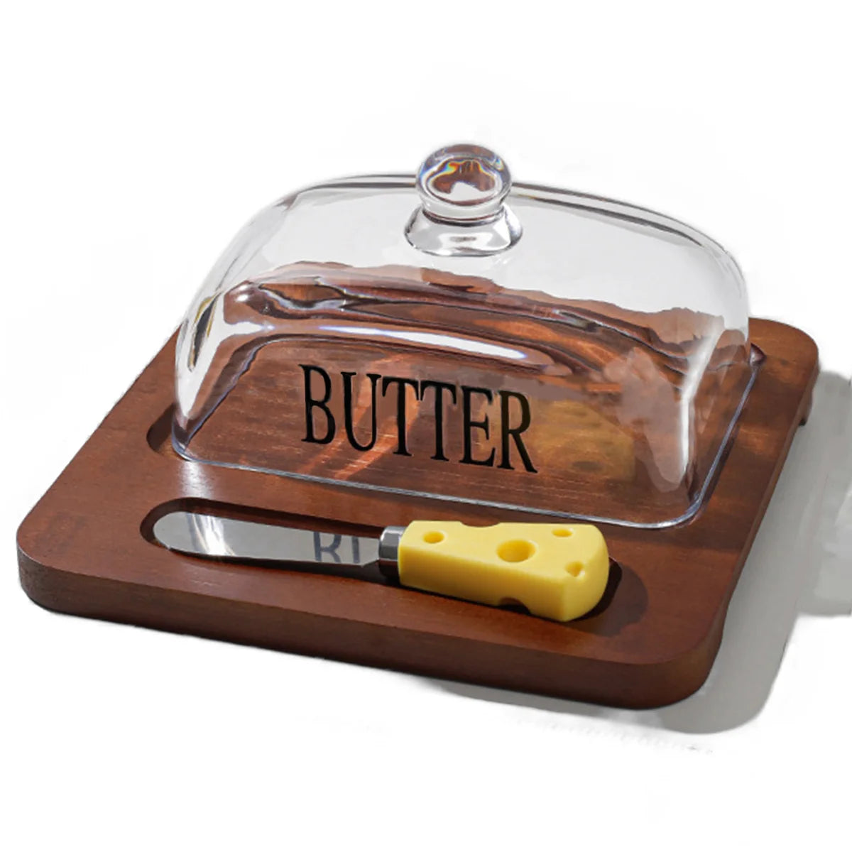 Bamboo Butter Dish with Glass Lid & Knife – Wooden Butter Container with Cutter and Storage Tray
