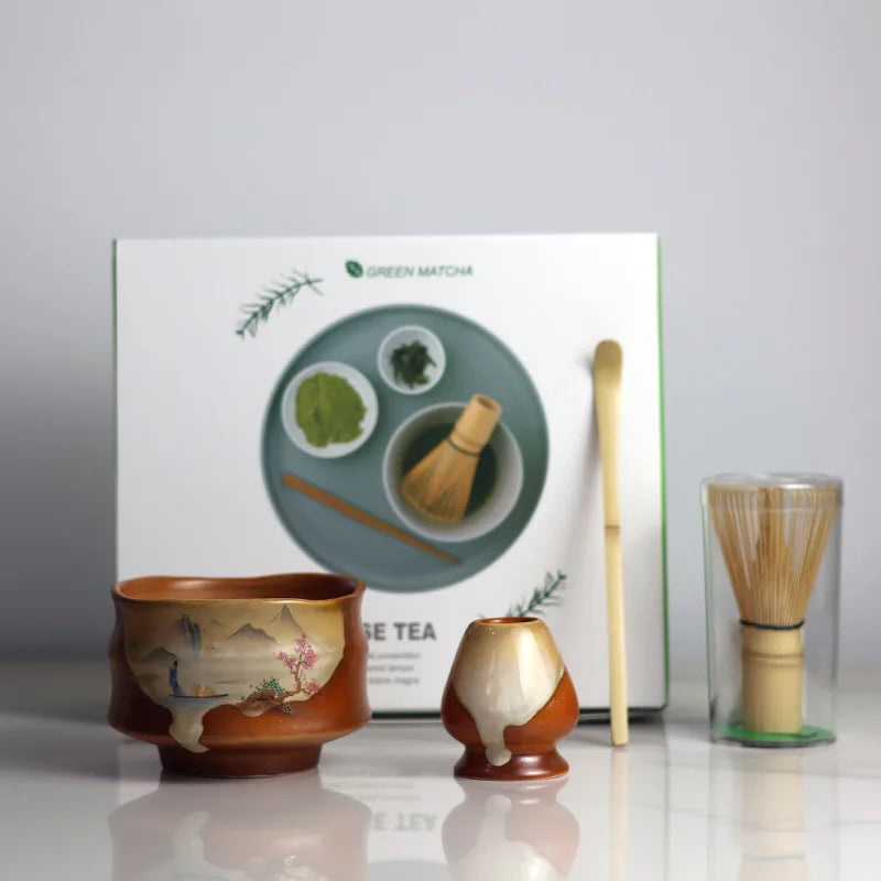 Premium Matcha Tea Set – 4 Piece Starter Kit with Bamboo Whisk, Ceramic Bowl, Scoop & Holder