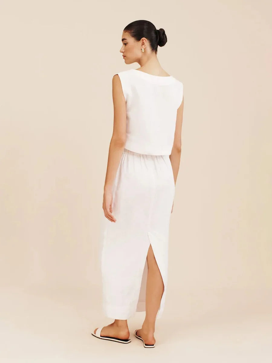Calais White Sleeveless Crop Top & Midi Skirt Co-Ord – Minimalist Linen Two-Piece Set for Summer Holiday & Occasionwear