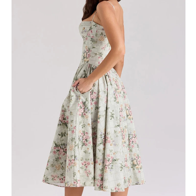 Loretta Sweetheart Neckline Vintage-Inspired Midi Dress – Floral Print, Red, Pink, Navy, White & Black Summer Dresses