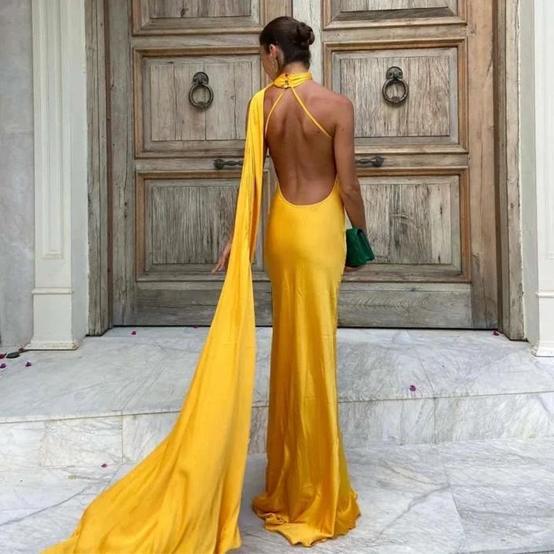 Graceful One-Shoulder Maxi Dress With Flowing Cape Detail