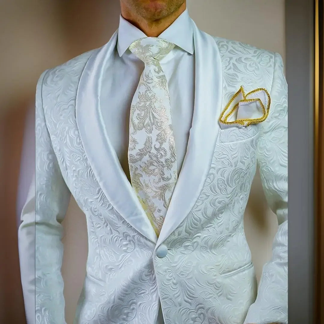 Braxford Men’s White Jacquard Shawl Lapel Blazer – Slim Fit Wedding Evening Tuxedo Jacket