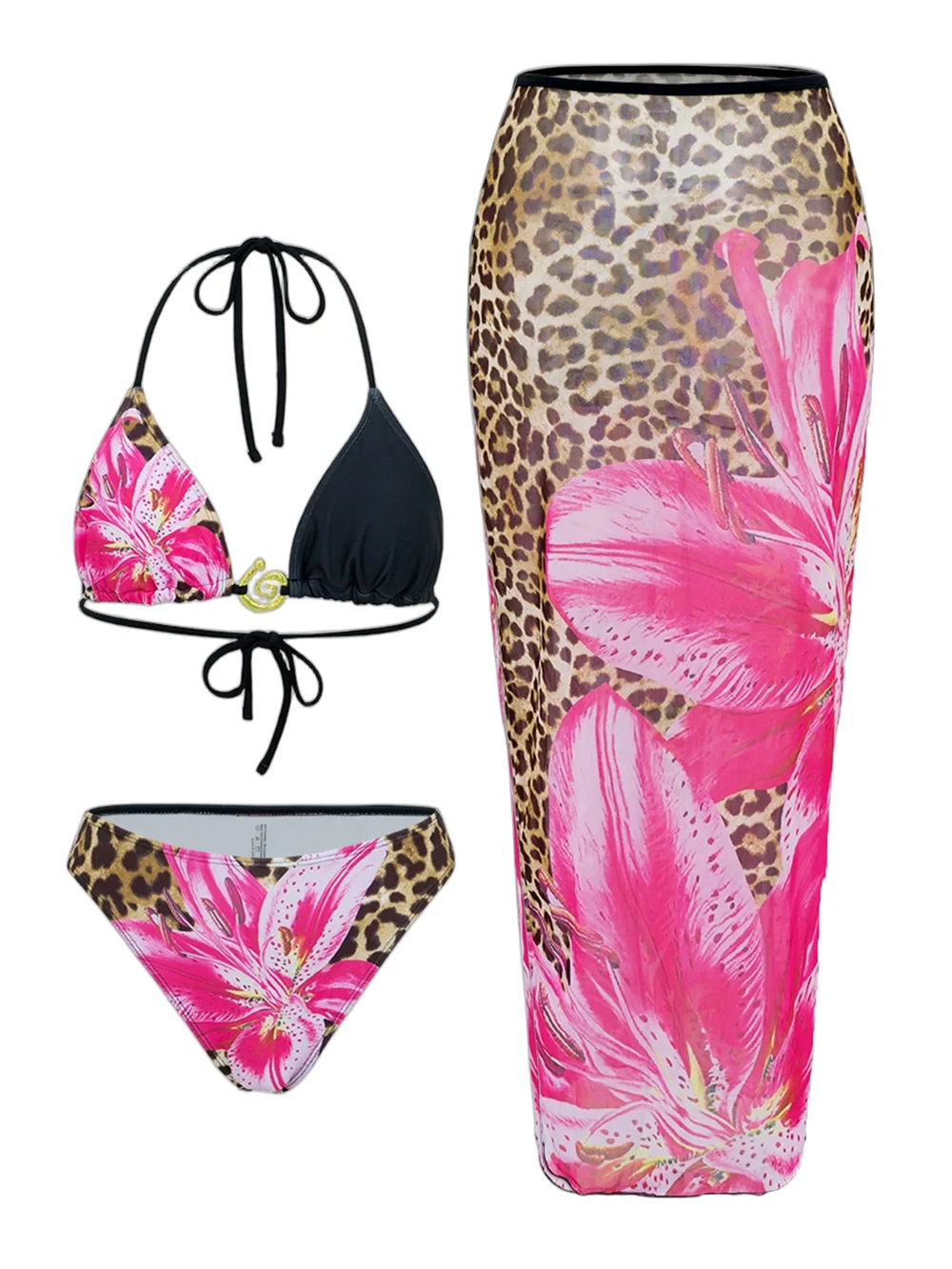 Floral Bikini and Mesh Skirt Set – Summer Holiday 3 Piece Swimsuit in Tropical Prints and Animal Patterns