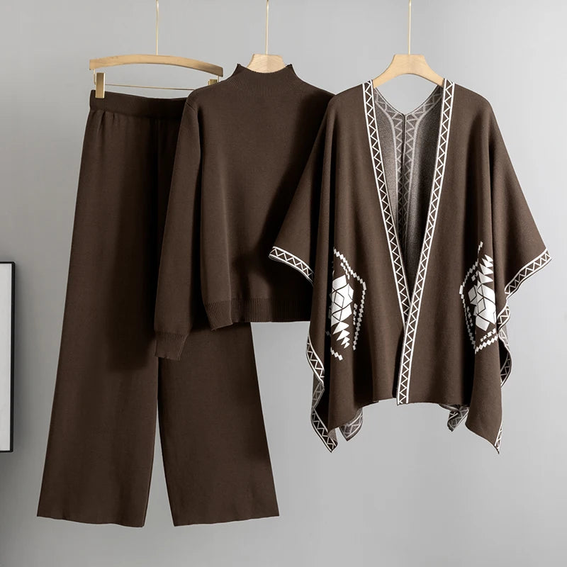 3-Piece Knit Co-ord Set with Mock-Neck Top and Cape – Available in Claret, Black, Brown, Blue, Tan & Beige