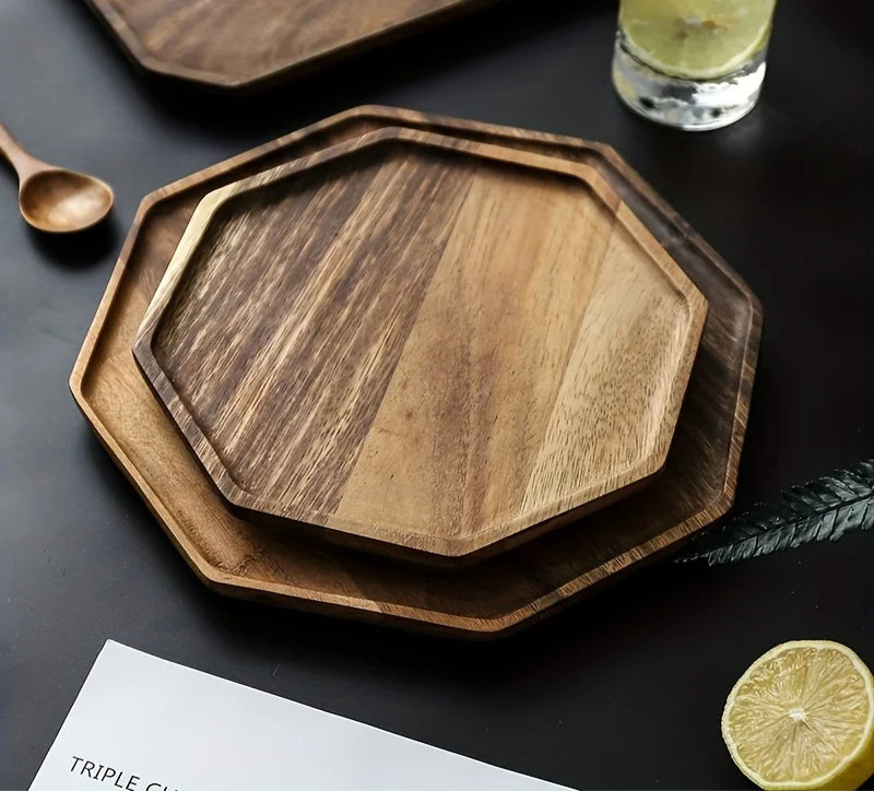 Octagonal Acacia Wood Plate – Eco-Friendly Dessert and Serving Tray for Snacks, Tea or Dinner