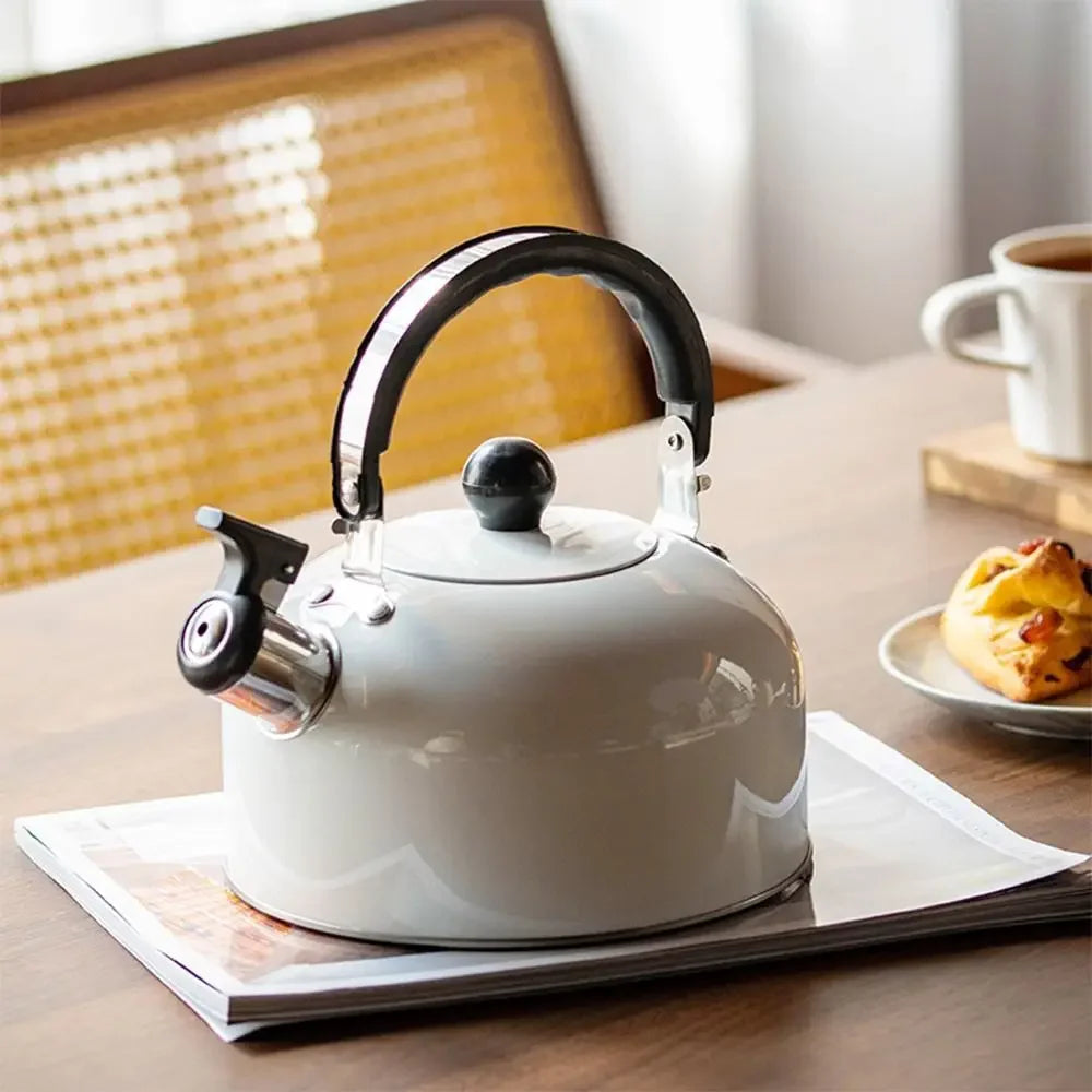 Enamel Stovetop Kettle with Whistle – 3 L Retro Style Water Boiler for Gas, Electric & Induction Hob (Black, White)