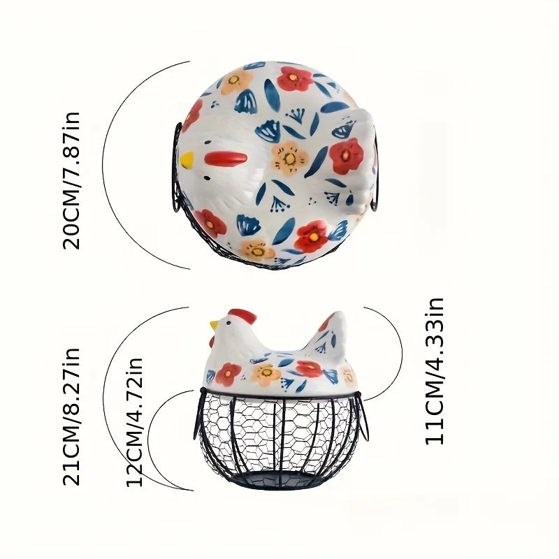 Clovelle Hen Ceramic Egg Holder Basket – Farmhouse Chicken Egg Storage Container with Lid for Kitchen Counter, Fruit and Vegetable Storage