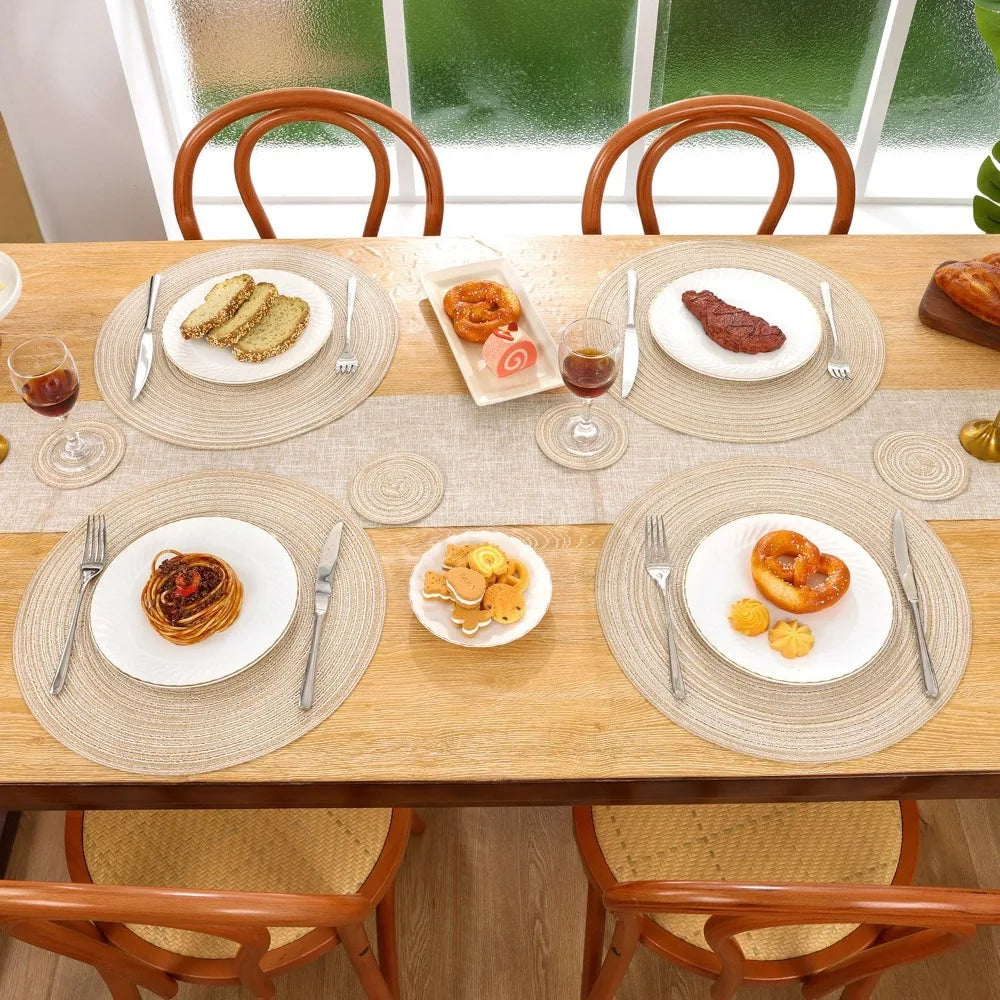 Woven Round Placemats and Coasters Set – 6-Piece Dining Table Mats