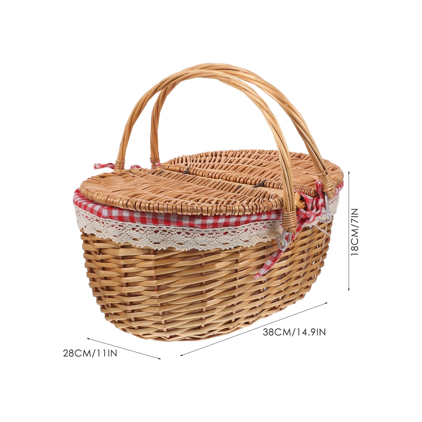 Vintage Wicker Picnic Basket with Lid – Traditional Hamper with Gingham Lining