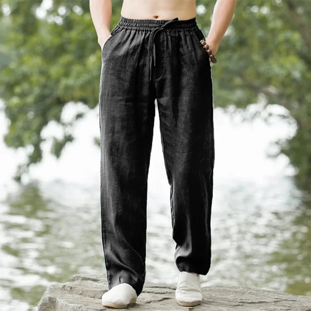 Men’s Loose Fit Linen Trousers – Lightweight Drawstring Waist Straight Leg Summer Pants