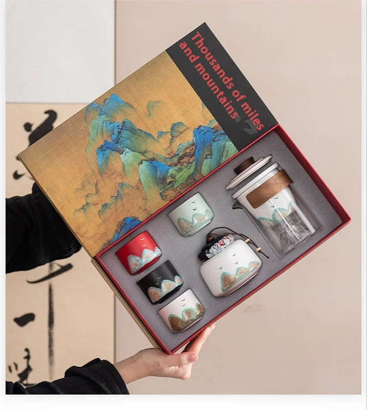 Hand-Painted Mountain Ceramic Tea Set with Tea Holder – 6-Piece Teapot & Four Cups Gift Box