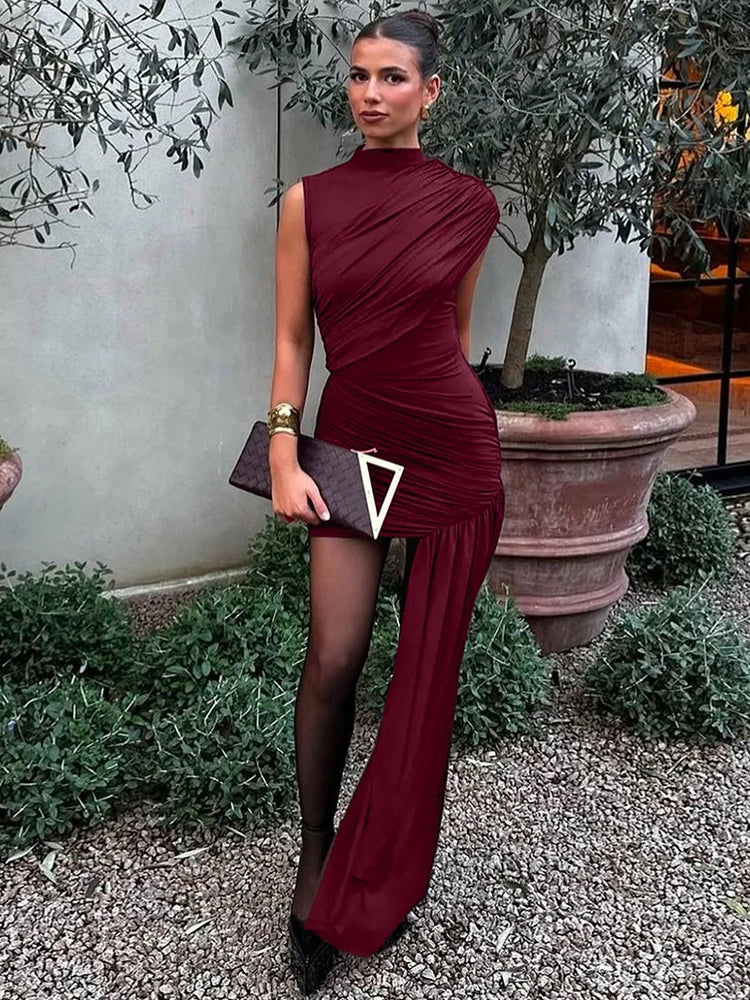 Sarena One-Shoulder Ruched Mini Dress – Asymmetric Drape Party Dress in Brown, Black, Cream, Beige or Claret